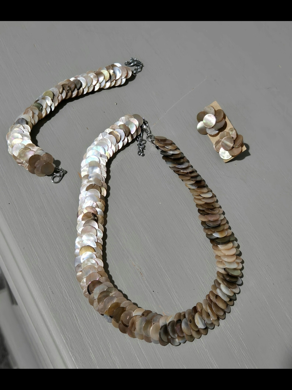 Capiz Shell Necklace, Earring, & Bracelet Set in Iridescent Taupe/Pearlesque